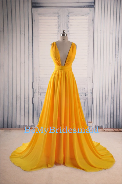 Sexy Yellow Chiffon Handmade Cross Back Long Prom Gowns, Evening Gowns, Party Dresses