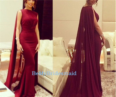 Gorgeous Burgundy Chiffon Long Robe Prom Gown with Cape Sweep Train, Evening Gowns, Formal Gowns