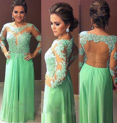 Elegant Long Evening Dresses,Green Evening Dresses,Sheer Neck Prom Dresses,Long Sleeves Evening Dresses,Party Dresses,PD390015
