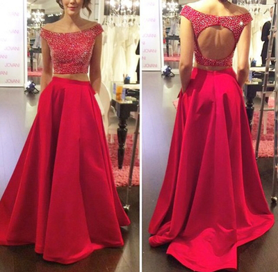 Charming Prom Dresses,Two Pieces Prom Dresses,O-Neck Prom Dresses,Beading Prom Dresses,Backless Prom Dresses,PD390017