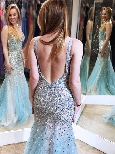 Luxury Mermaid Prom Dresses,Backless Prom Dresses,Beaded Prom Dresses,Tulle V-Neck Evening Dresses,Homecoming Dresses,Party Dresses,PD390026