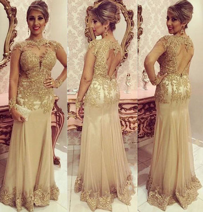 Champagne Lace Tulle Prom Dresses,Chiffon Prom Dresses,Open Back Prom Dresses,Lace Appliques Prom Dresses,Long Sleeve Prom Dresses,PD390079