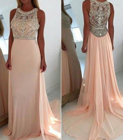 Largos Prom Dresses,A-Line Prom Dresses,Round Neck Prom Dresses, Light Pink Long Prom Dresses,Beading Evening Dresses,PD390088