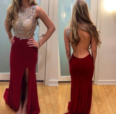 Pretty Sparkle Beaded Wine Red Slit Backless Prom Gown 2016, Wine Red Prom Dresses, Evening Gowns, Formal Dresses,PD3900280