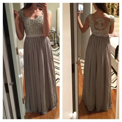 Charming Grey Long Chiffon Prom Dresses With Lace Applique, Grey Bridesmaid Dresses, Grey Formal Dresses, Evening Gowns,PD3900314