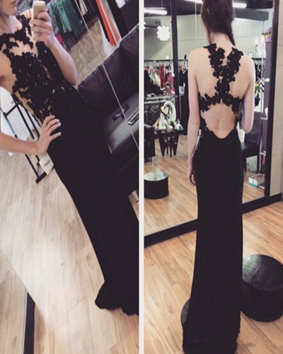 Sexy Black Long Cross Back Prom Gown With Lace Applique, Prom Dresses 2016, Formal Gowns 2016,PD3900338