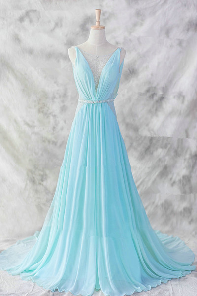 Pretty Chiffon Prom Dresses,Floor Length Prom Dresses,V-Neckline Prom Dresses,Baby Blue Evening Dresses,Formal Dresses,PD3900404