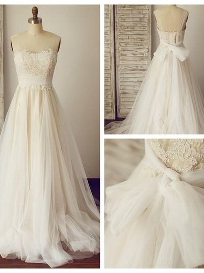 Lace and Tulle Wedding Dress with Back Bow knot pwd0007