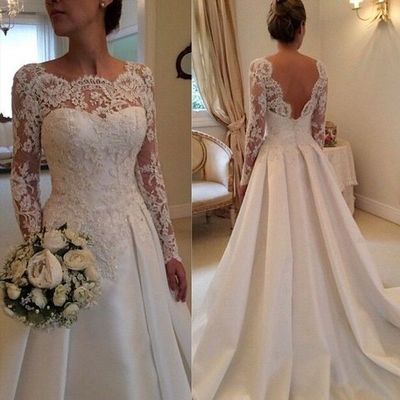 Satin and Lace Wedding Dress Bridal Gown with Long Sleeves