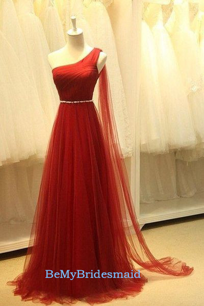 Beautiful One Shoulder Handmade Dark Red Tulle Long Prom Dresses 2017, Prom Dresses 2017, Party Dresses