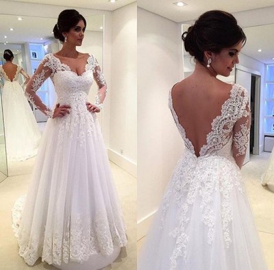 A line lace wedding dress with long sleeves pwd0013