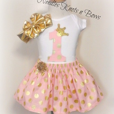 Girls pink & gold birthday outfit, girls 3pc 1st birthday outfit, glitter gold & pink skirt, headband included - Thumbnail 5