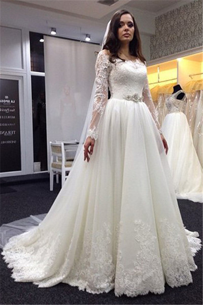 Lace Wedding Dress with Long Sleeves Chapel Train pwd0032