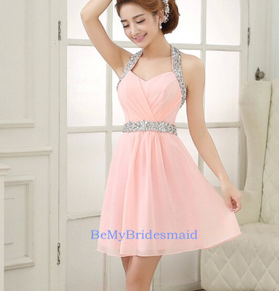 Cute Pink Handmade Halter Short Prom Dress with Sequins, Cute Homecoming Dresses, Party Dresses