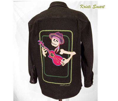 Dia de Los Muertos day of the dead appliqued denim shirt
