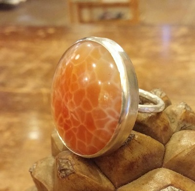 "Orange Crab" agate and sterling silver ring by Thornbird Studios