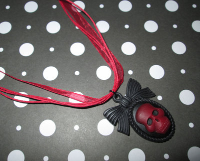 Red & Black Goth Loli Skull Cameo Necklace with Bow Frame