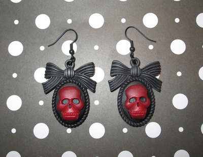 Red & Black Goth Loli Skull Cameo Earrings with Bow Frames