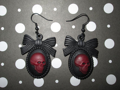 Burgundy & Black Goth Loli Skull Cameo Earrings with Bow Frames