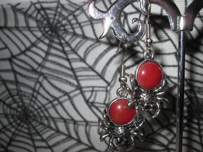 Detailed Red Spider Earrings with Spider Web Accent