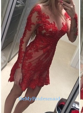 Sexy Red Tulle Mini Lace Applique Evening Dresses, Cocaktail Dresses