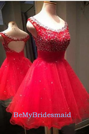 Cute Red Tulle Round Neckline Sparkle Homecoming Dresses, Red Short Prom Dresses