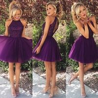 High neck purple beading short prom dress,grad dance dress - Thumbnail 1