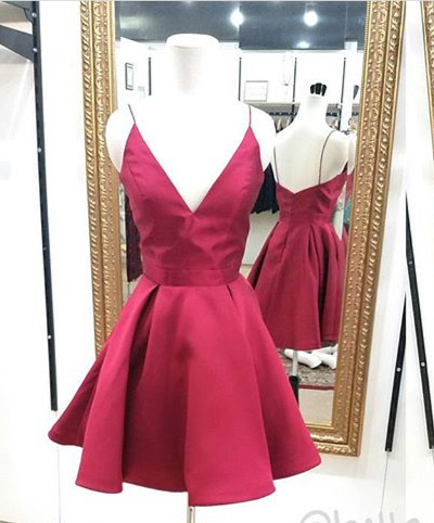 Cute red A-line short homecoming dress with spaghetti straps,cheap prom dress