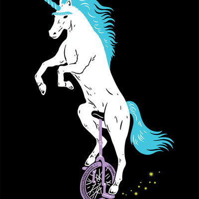 Unicorn with unibrow riding unicycle