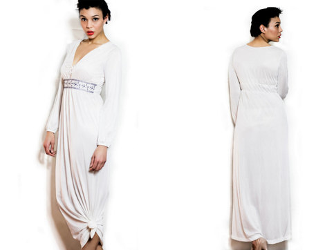 Vintage S / M / L Long Sleeve Sheer White Maxi Dress w/ Blue & White Floral Stitching Small Medium Large