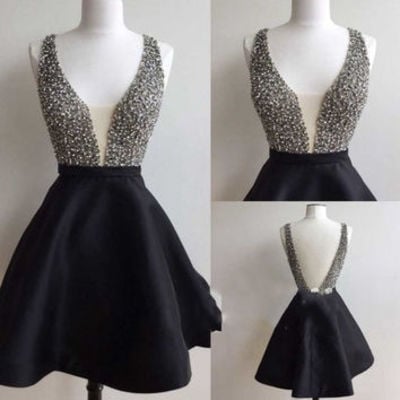 Cute black satin short prom dress, homecoming dress - Thumbnail 4
