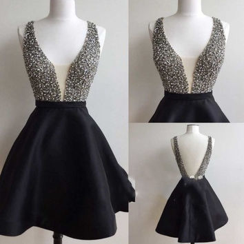 Cute black satin short prom dress, homecoming dress