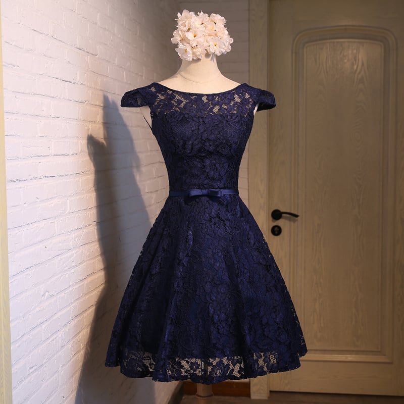 Cute A-line dark blue lace short prom dress,party  dresses