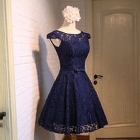 Cute A-line dark blue lace short prom dress,party  dresses - Thumbnail 1
