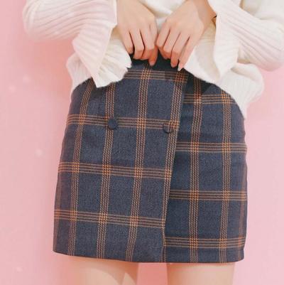 Double-breasted Plaid Skirt