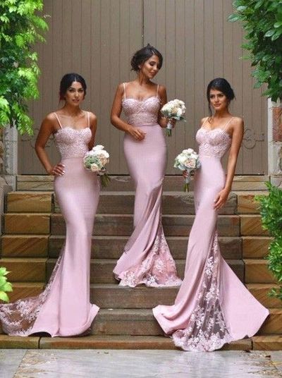 Mermaid Spaghetti Straps Blush Pink Bridesmaid Dress