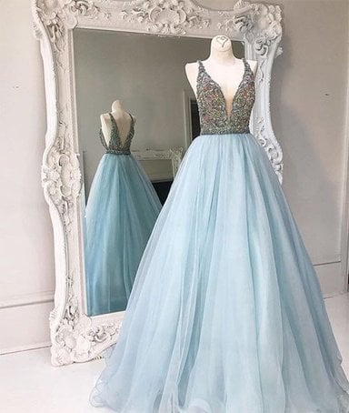 Unique V-neck tulle sequin beading long prom gown,evening dresses
