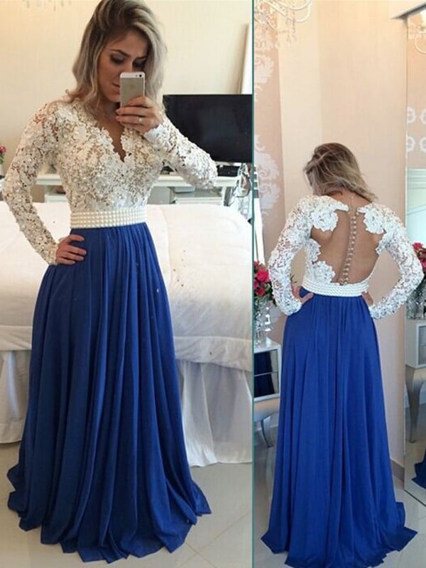 A-line prom dress, V-neck prom dress,Long sleeve prom dress,High Waist prom dress,discount prom dress,PD160008