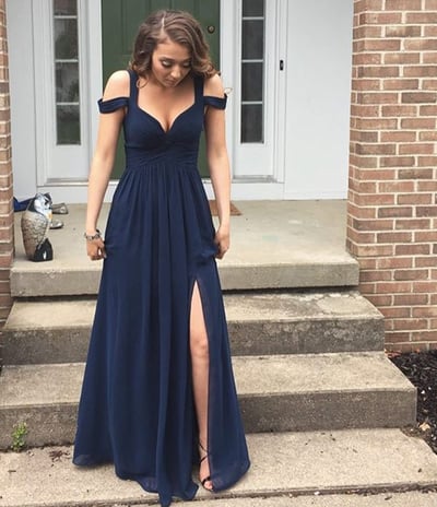 Simple dark blue chiffon long prom dress,evening dress