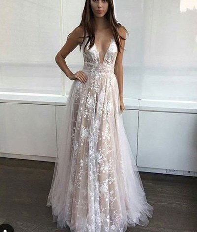 Sexy deep v-neck lace long prom dresses, evening dress with trian