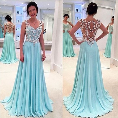Popular blue A-line chiffon long prom dress,wedding dress