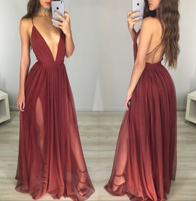 Simple A-line v neck chiffon long prom dress,wedding dress