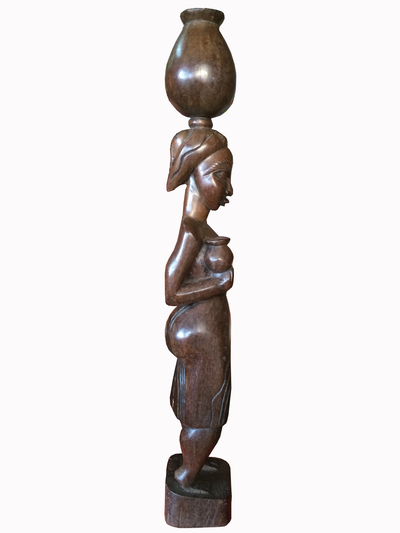 Hand Carved African Woman Carrying Earthen Pot, Traditional Ghanaian Sculpture