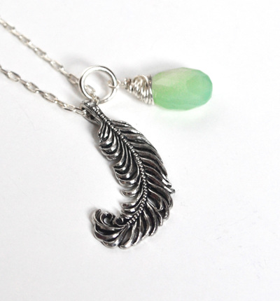 Feather and Drop Necklace, Black Friday Sale, Necklace, Christmas Gift, Girls Gift, Seafoam Stone Necklace, Angel Feather
