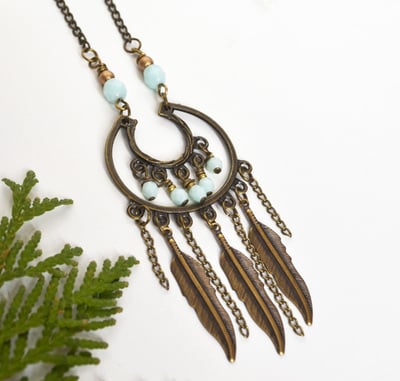 Bohemian Necklace, Dangle Necklace, Mint Beads, Black Friday, Christmas Gift Jewelry, Feather Necklace Boho