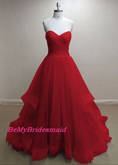 Gorgeous Red Tulle Sweetheart Ball Gown Prom Dresses, Red Party Gowns, Prom Gowns