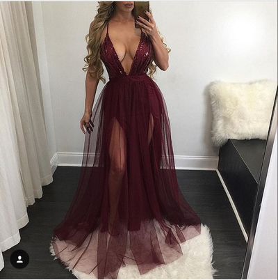 Sexy V neck tulle sequins long prom dress,grad dress