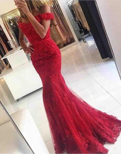 New red tulle appliques off shoulder long prom dress,formal dress