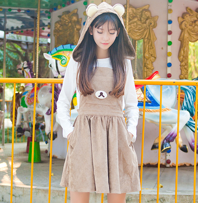 Japanese cute bear hooded braces skirt
