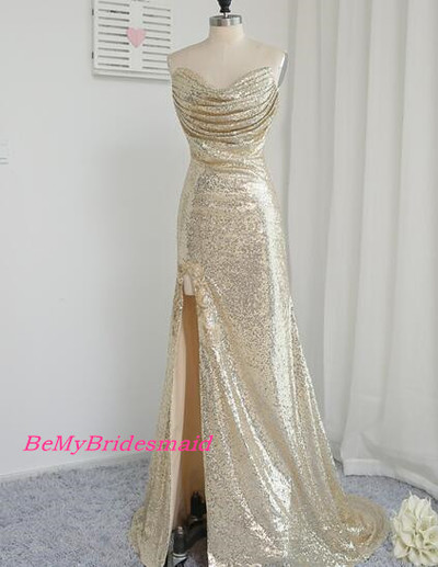 Shiny Sparkle Light Champagne Sequins Slit Prom Dresses, Sequins Party Dresses, Evening Dresses
